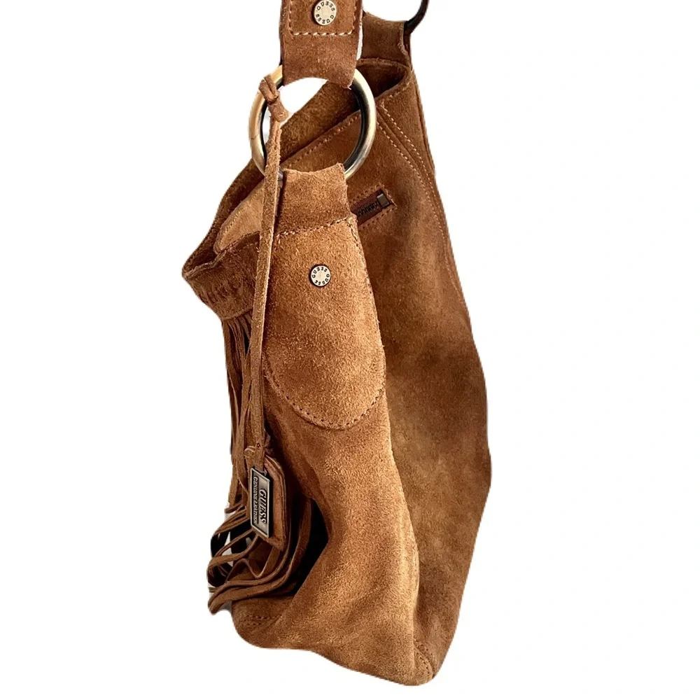 Vintage Y2K 90s Guess Tan Suede Fringe Western Bohemian Hobo Bag